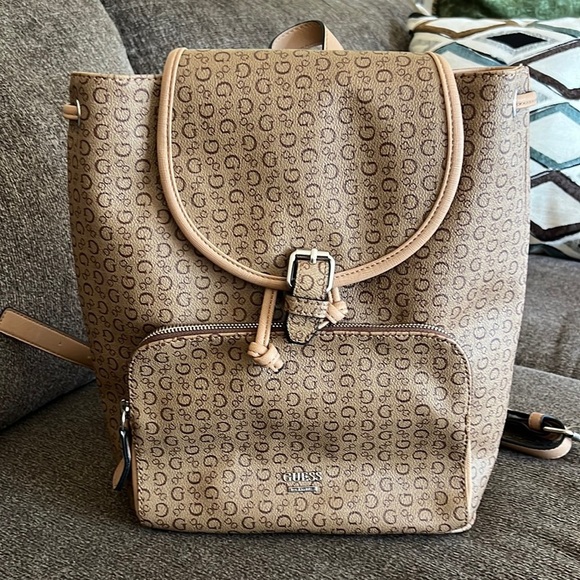Guess Logo Backpack Tan/Beige/Brown Faux Leather - 12 x 12 x 5 - Picture 1 of 12